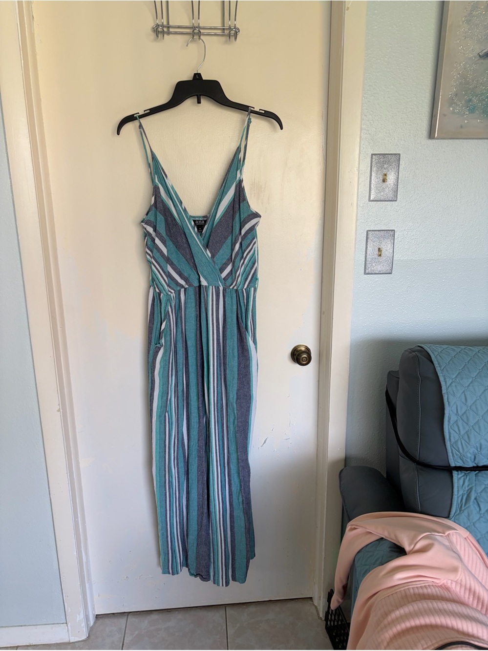 Striped Teal & White ANA V-Neck jumpsuit